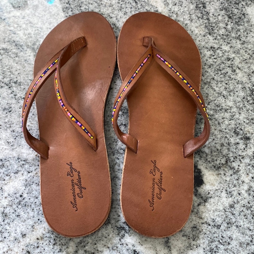 NWOT American Eagle Beaded Leather Flip Lops
